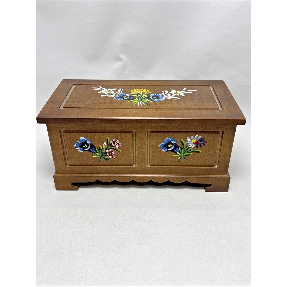 Reuge Swiss Jewelry Music Box Edelweiss Hand Painted Floral Wooden Vintage Works